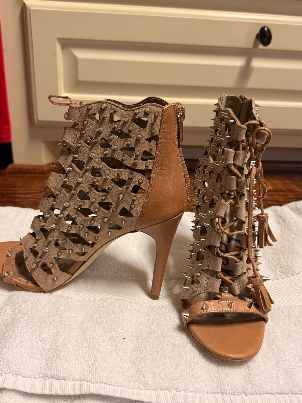 Sam Edelman Tan Studded Lace-Up Open-Toe Heels - Picture 2 of 8